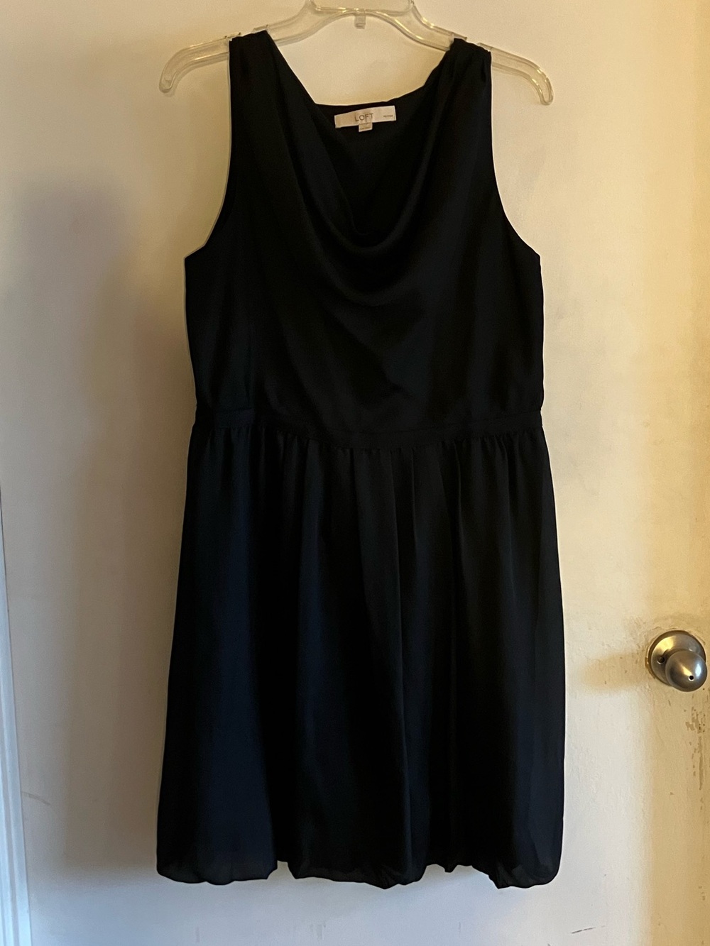 LOFT Gauzy Black Sleeveless Cowl-Neck, Bubble Hem, Mini Party Dress SZ 14 Petite